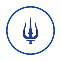 a blue trident symbol in a white circle